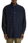 KENZO EMBROIDERED LOGO CHECK WOOL BLEND BUTTON-UP SHIRT