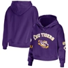 WEAR BY ERIN ANDREWS WEAR BY ERIN ANDREWS PURPLE LSU TIGERS MIXED MEDIA CROPPED PULLOVER HOODIE