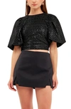 Endless Rose Sequin Lace-up Puff Sleeve Crop Top In Black