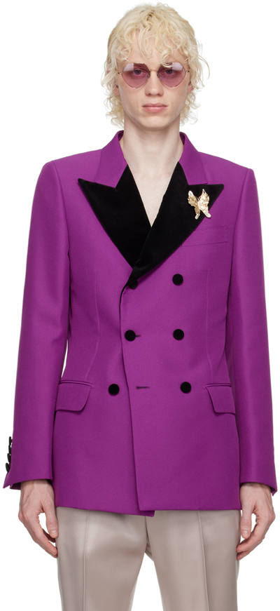 Gucci Double-breasted Blazer In Textured Polyester Gauze In Purple