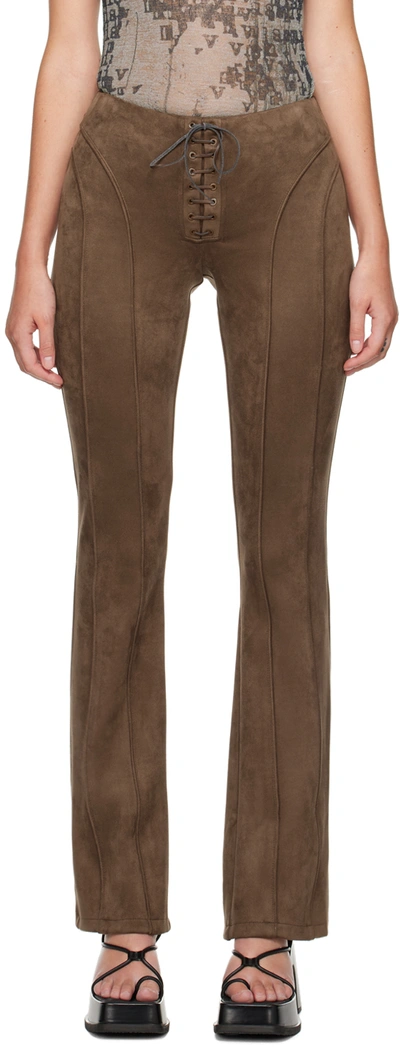 Misbhv Tie-front Faux Suede Trousers In Brown