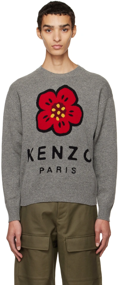 Kenzo Boke Intarsia Wool Knit Sweater In Grey