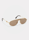 Fendi Men's Double-bridge Metal Oval Sunglasses In Gold Brown