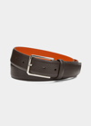 Santoni Men's Rectangle Buckle Grained Leather Belt In Brown