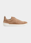 Zegna Men's Triple Stitch Suede Low Top Slip-on Sneakers In Dk Bge Sld