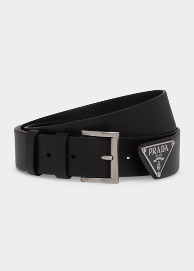 Prada Men's Vitello Show Triangle Logo Leather Belt In F0002 Nero