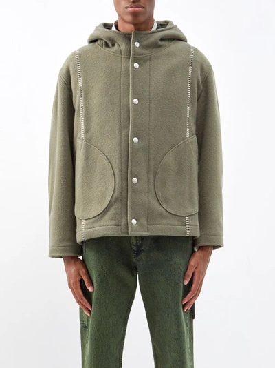 3man Blanket-stitch Hooded Wool-blend Jacket In Grey Green