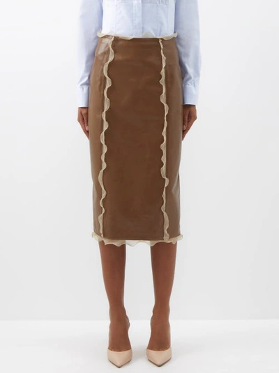 Fendi Silk-ruffled Crackled-leather Pencil Skirt In Brown
