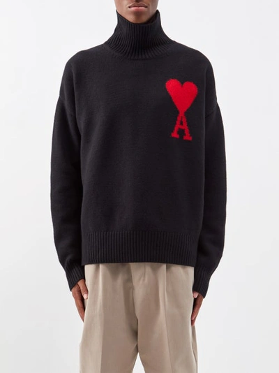 Ami Alexandre Mattiussi Ami De Caur-logo Roll-neck Wool Sweater In Black
