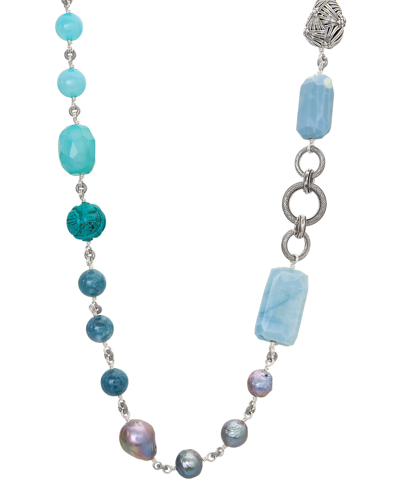 Stephen Dweck Blue Opal, Turquoise, Aquamarine, Chalcedony And Pearl Necklace In Silver Pearls