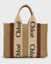 Chloé Woody Small Tote Bag In Linen With Crossbody Strap In White/brown