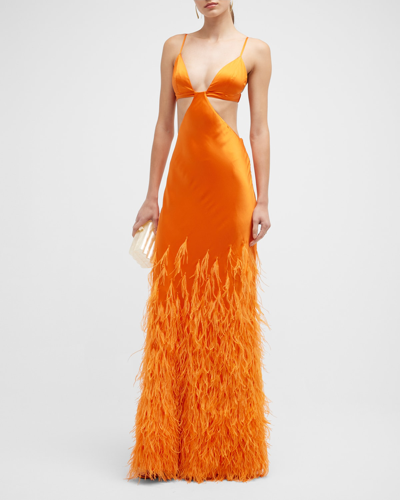 Cult Gaia Raisa Feather-embellished Cutout Gown In Papaya