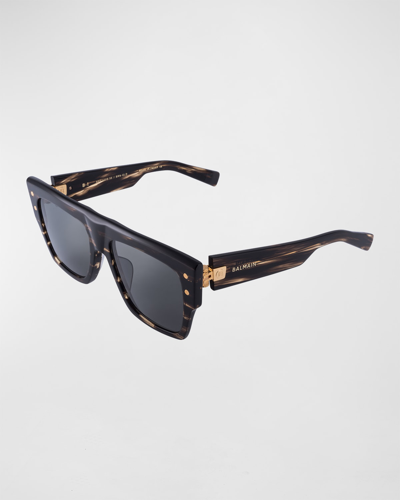 Balmain B-i Square Acetate & Titanium Sunglasses In Dark Brown Swirl