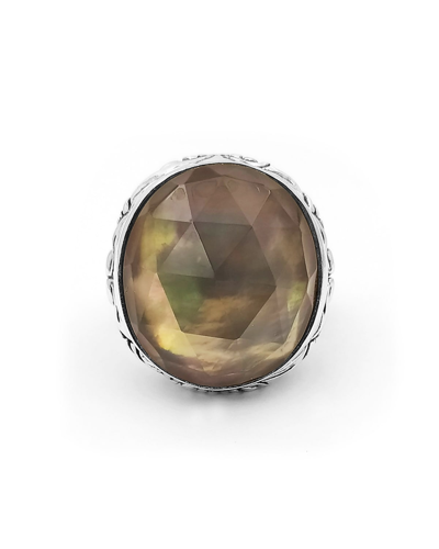 Stephen Dweck Faceted Smoky Quartz And White Mother-of-pearl Dome Ring In Engraved Sterling Silver