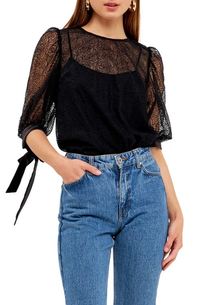 Endless Rose Embroidered Puff Sleeve Satin Top In Black