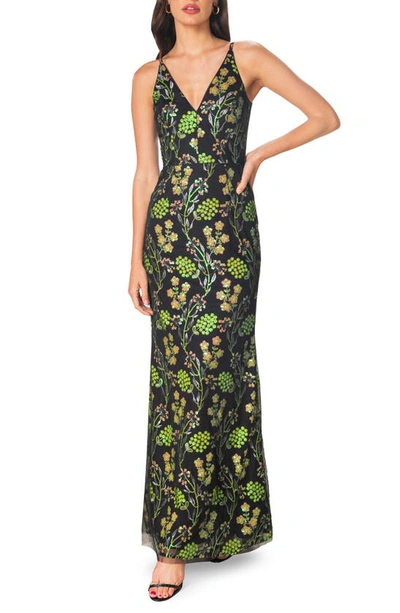 Dress The Population Sharon Sequin Flower Tulle A-line Gown In Lemongrass Multi