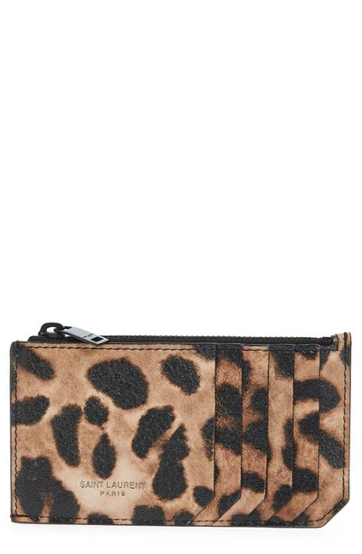 Saint Laurent Leopard Print Leather Zip Wallet In Beige/ Brown