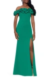 Xscape Off The Shoulder Ruffle Crepe Trumpet Gown In Green