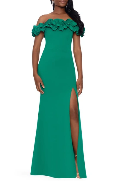 Xscape Off The Shoulder Ruffle Crepe Trumpet Gown In Green
