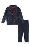 Andy & Evan Kids' Boy's Toggle Cardigan W/ Button Down Shirt And Pants Set In Blue Multi