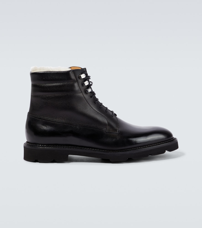 John Lobb Adler Faux Shearling-lined Polished-leather Boots In Black