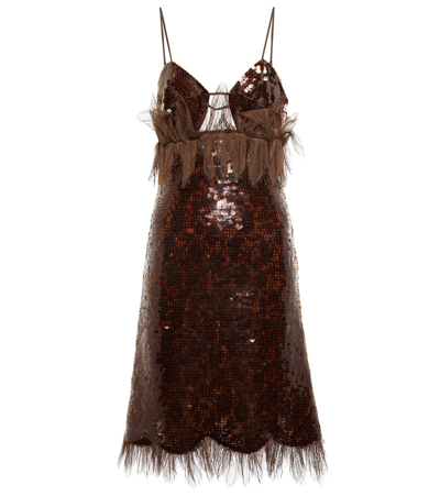 Bottega Veneta Feathered Sequin V-neck Spaghetti Strap Dress In Brown