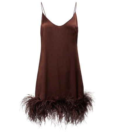 Oseree Feather-trim Silk Dress In Brown