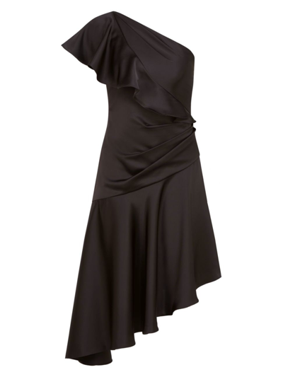 Theia Lara One-shoulder Flutter-sleeve Midi Dress In Black