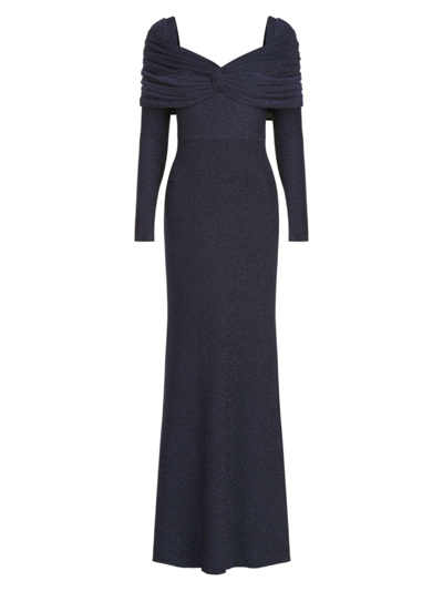 Theia Edna Twist-front Shimmer Column Gown In Nautical Navy