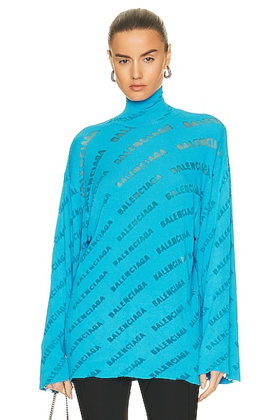 Balenciaga Logo Devore Turtleneck Rib Oversize Sweater In Turquoise
