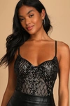 Lulus Purely Passionate Beige And Black Sequin Bustier Bodysuit In Beige And Black