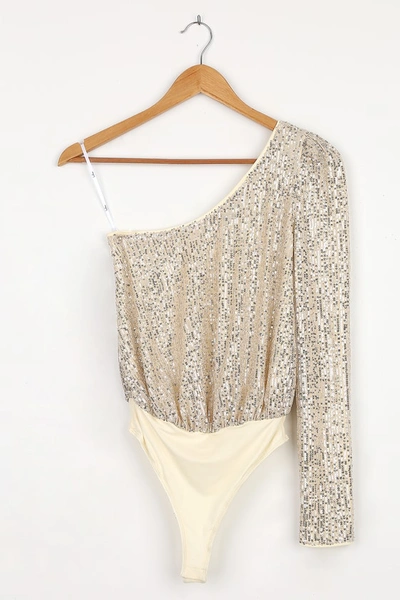 Lulus Dancing Diva Cream And Silver Sequin One-shoulder Bodysuit In Beige