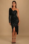 LULUS ELEGANT OCCASION BLACK SEQUIN ONE-SHOULDER MIDI DRESS