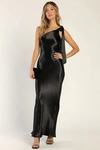 Lulus Lavish Looks Black Satin One-shoulder Tie-strap Maxi Dress In Black