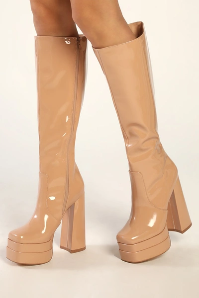 Lulus Brunay Light Nude Square Toe Platform Over-the-knee High Heel Boots In Beige