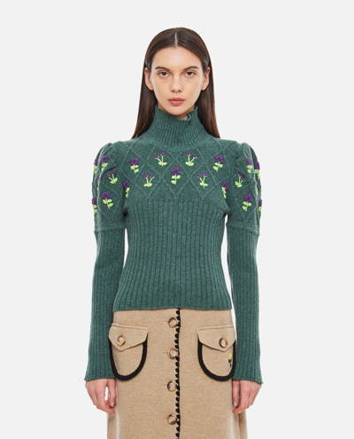 Cormio Oma Embroidered Ribbed Wool Turtleneck Sweater In Green