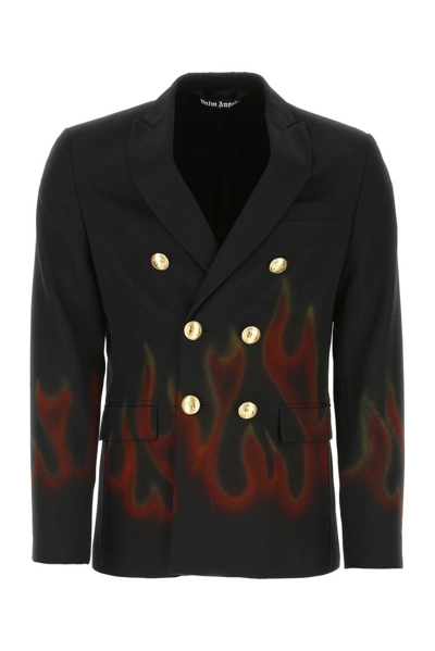 Palm Angels Flame-print Double-breasted Blazer In Black