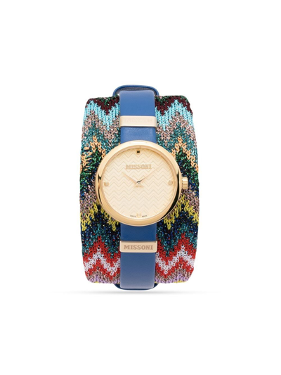 Missoni M1 Leather Strap Watch, 29mm In Gold/blue