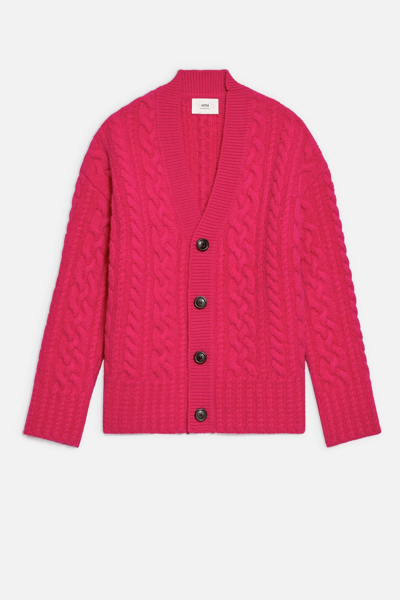 Ami Alexandre Mattiussi Drop-shoulder Cable-knit Cardigan In Pink