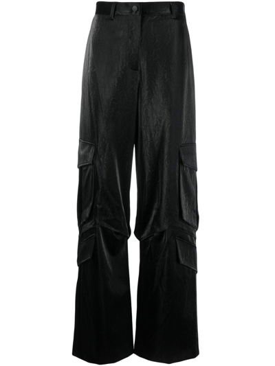 Msgm Crinkled-finish Cargo Trousers In Black