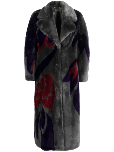 Alberta Ferretti Abstract-print Faux-fur Coat In Grey