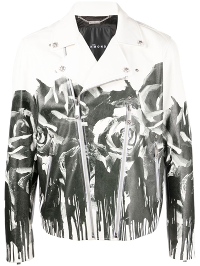 John Richmond Abstract-print Double-zip Biker Jacket In White