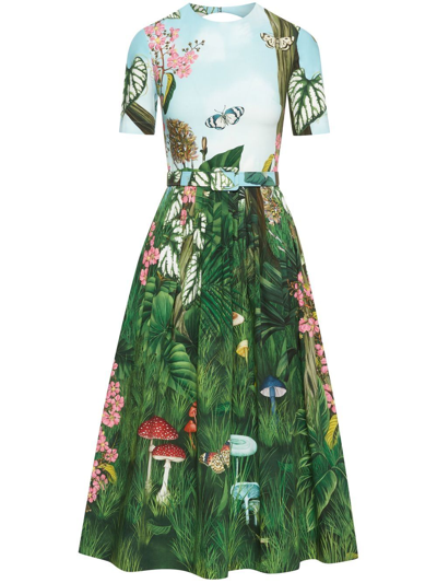 Oscar De La Renta Botanical Forest Print Stretch Poplin Midi Dress In Green