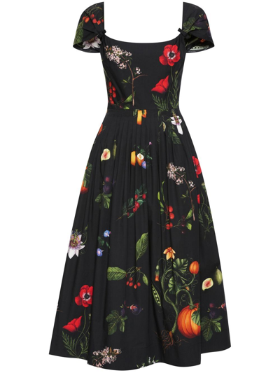 Oscar De La Renta Belted Garden Print Cap Sleeve Stretch Cotton Poplin Midi Dress In Black Multi