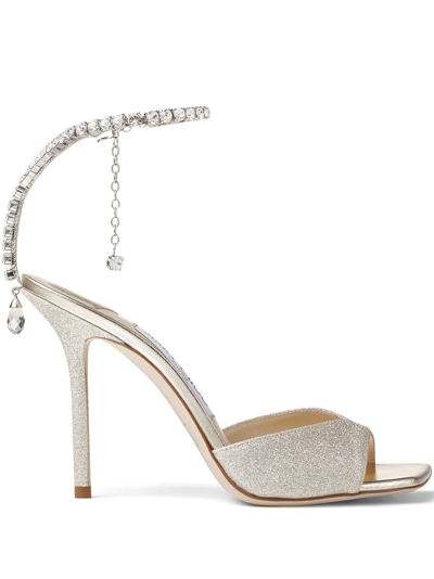 Jimmy Choo 100mm Saeda Sandals In Platinum Ice/crystal