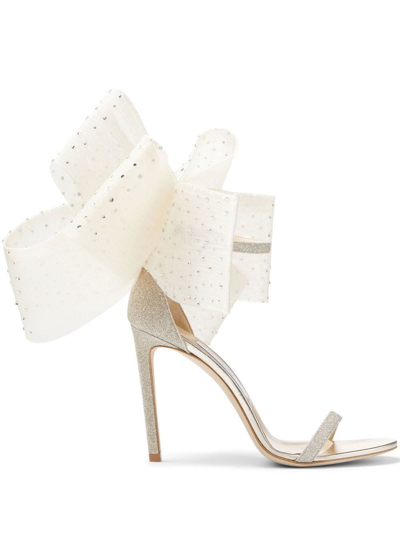 Jimmy Choo Aveline 100mm Bow-embellished Sandals In Gold