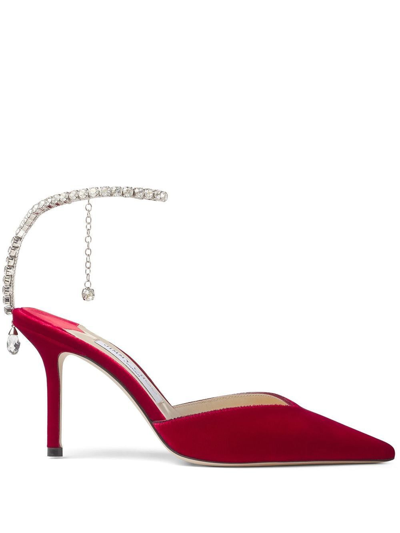 Jimmy Choo Saeda 丝绒高跟鞋 In Red