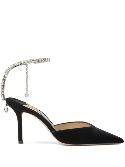 Jimmy Choo Black Black 85 Mm Saeda Decollete Heels In Black Crystal