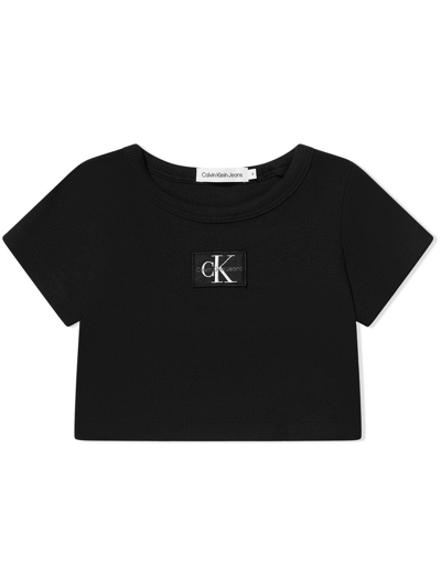 Calvin Klein Jeans Est.1978 Kids' Cropped Logo-patch T-shirt In Black
