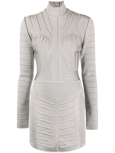 Balmain Ribbed Long-sleeve Mini Dress In Gray